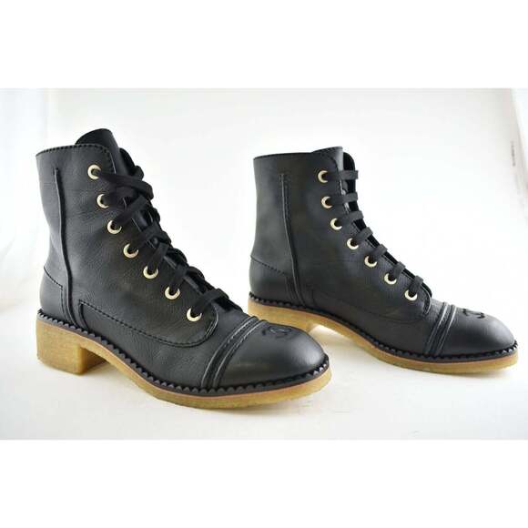 Chanel 20P Black Calfskin Leather CC Combat Lace Up Biker Ankle Short Boots 38 - Picture 3 of 9